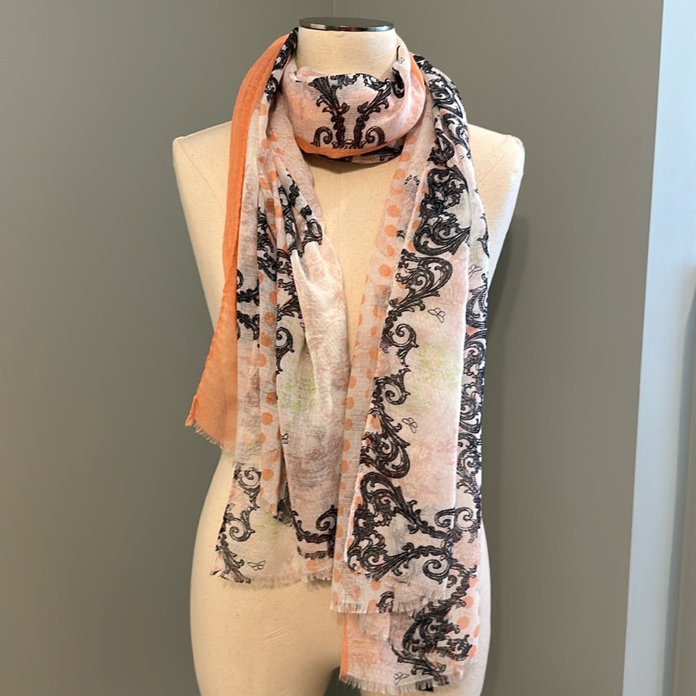 Peach & black print gauze scarf NWT